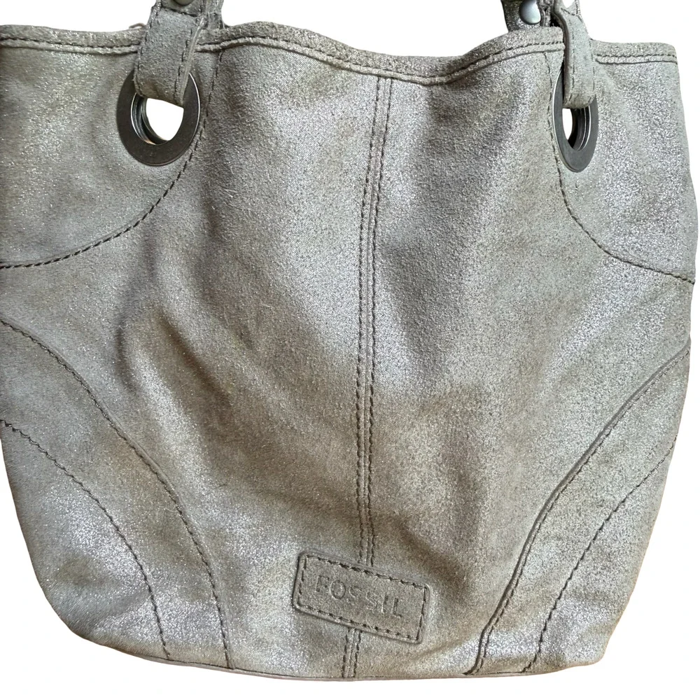 Fossil Metallic Suede Leather Double Handle Shoulder Bag Tote Purse 13x11x4